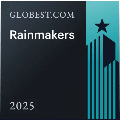 Rainmakers 2025 cover design for GLOBEST.COM with a dark gradient left panel and turquoise vertical skyline and star.