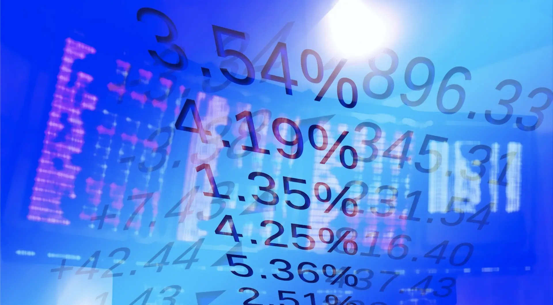 Abstract financial data with overlapping percentage figures and numbers against a blue gradient.