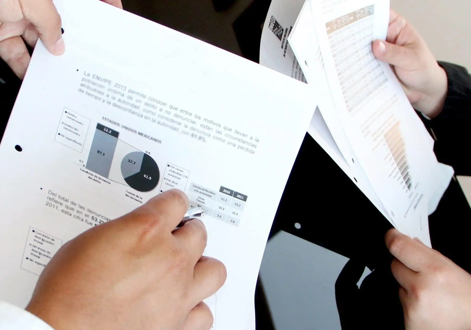 Hands hold printed documents with charts and text, including a bar and pie chart.