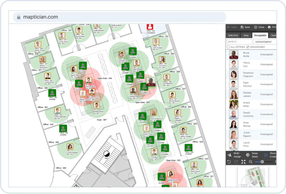 Floor plan displays employee locations; occupancy shown via photos within circles, in a building.