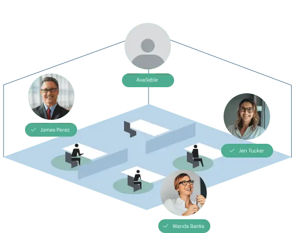 Team availability diagram with avatars around a central workspace and a top available badge.
