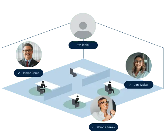 Team availability diagram showing a central avatar labeled Available linked to colleagues James Perez, Jen Tucker, and Wanda Banks.