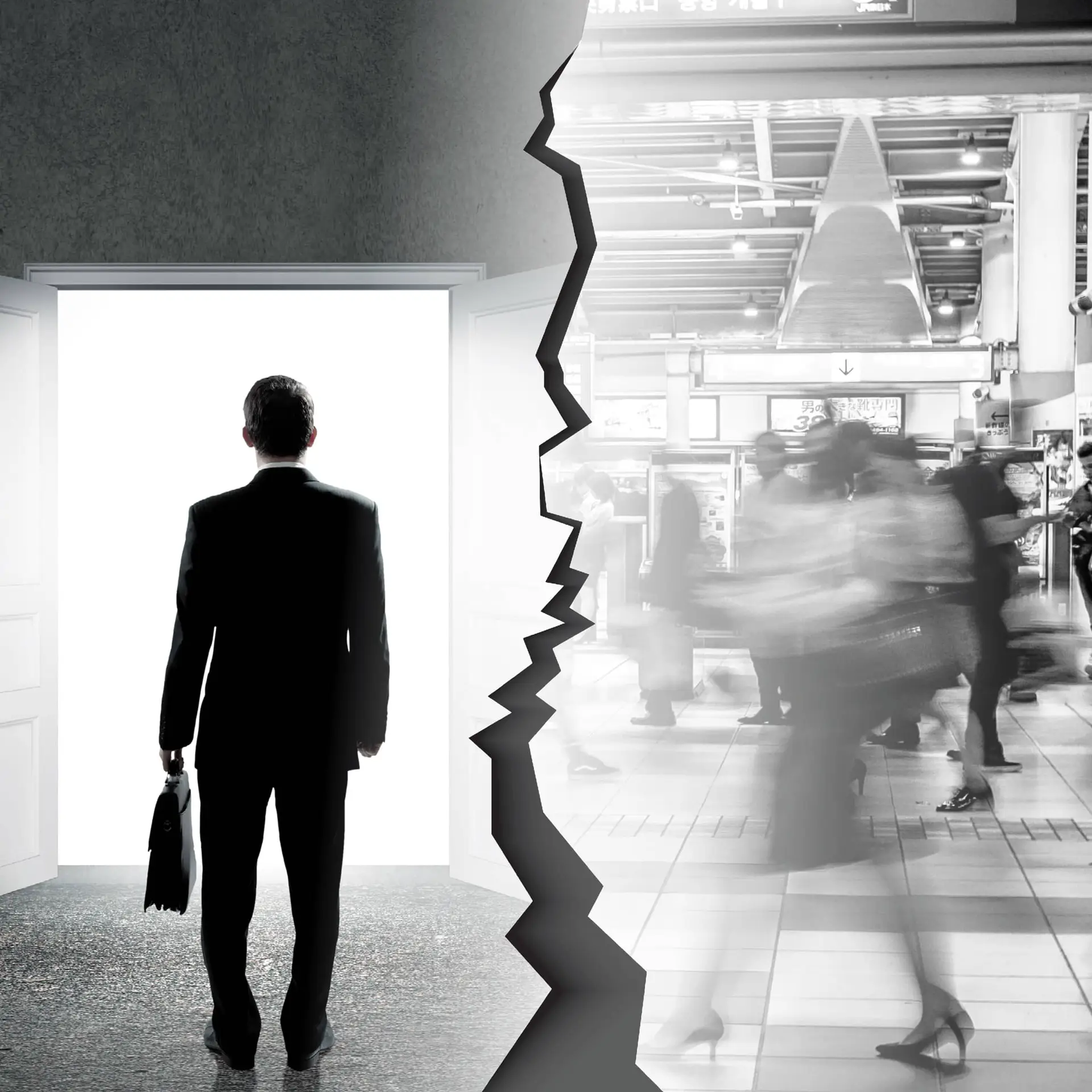 A suited man with a briefcase stands at a doorway, a jagged split revealing a busy, blurred transit scene on the right.