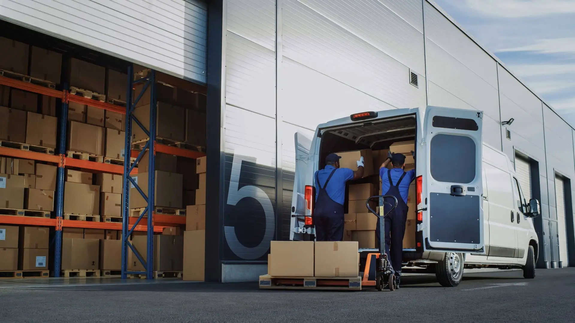 Two workers in blue overalls load cardboard boxes from a white delivery van at a loading dock beside tall warehouse shelves.