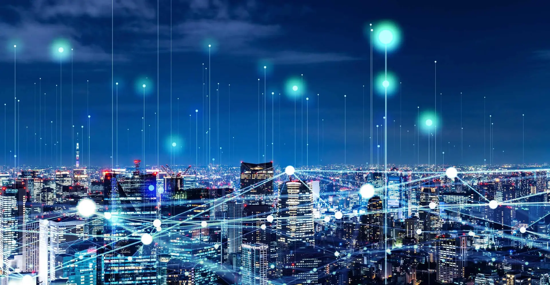 Cityscape at night, glowing data points and connections hover above buildings, signifying a network.