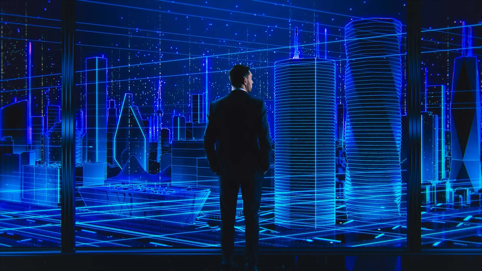 A person stands facing a digital neon-blue cityscape projection in a futuristic setting.