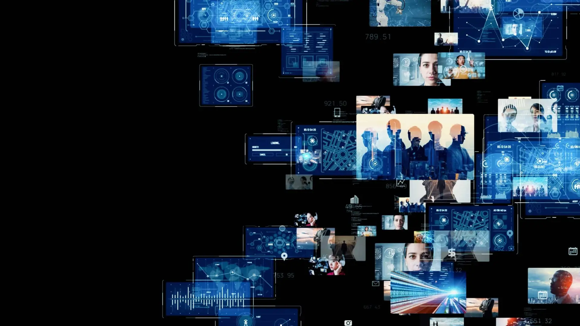 Blue holographic data dashboards collage on a black background with silhouettes of people.