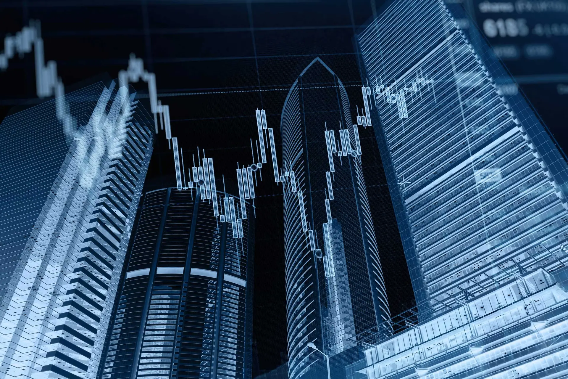 Stock chart overlays skyscrapers; financial data visualization.
