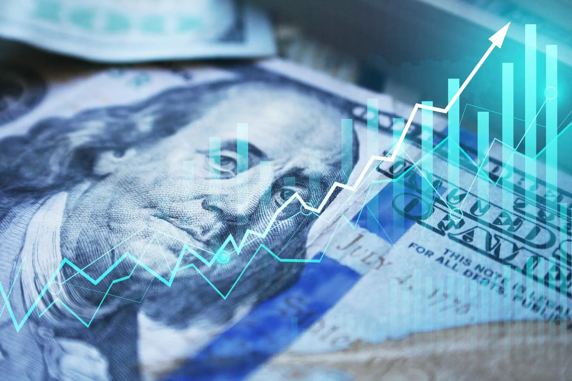 Currency note beneath upward stock chart in financial context.