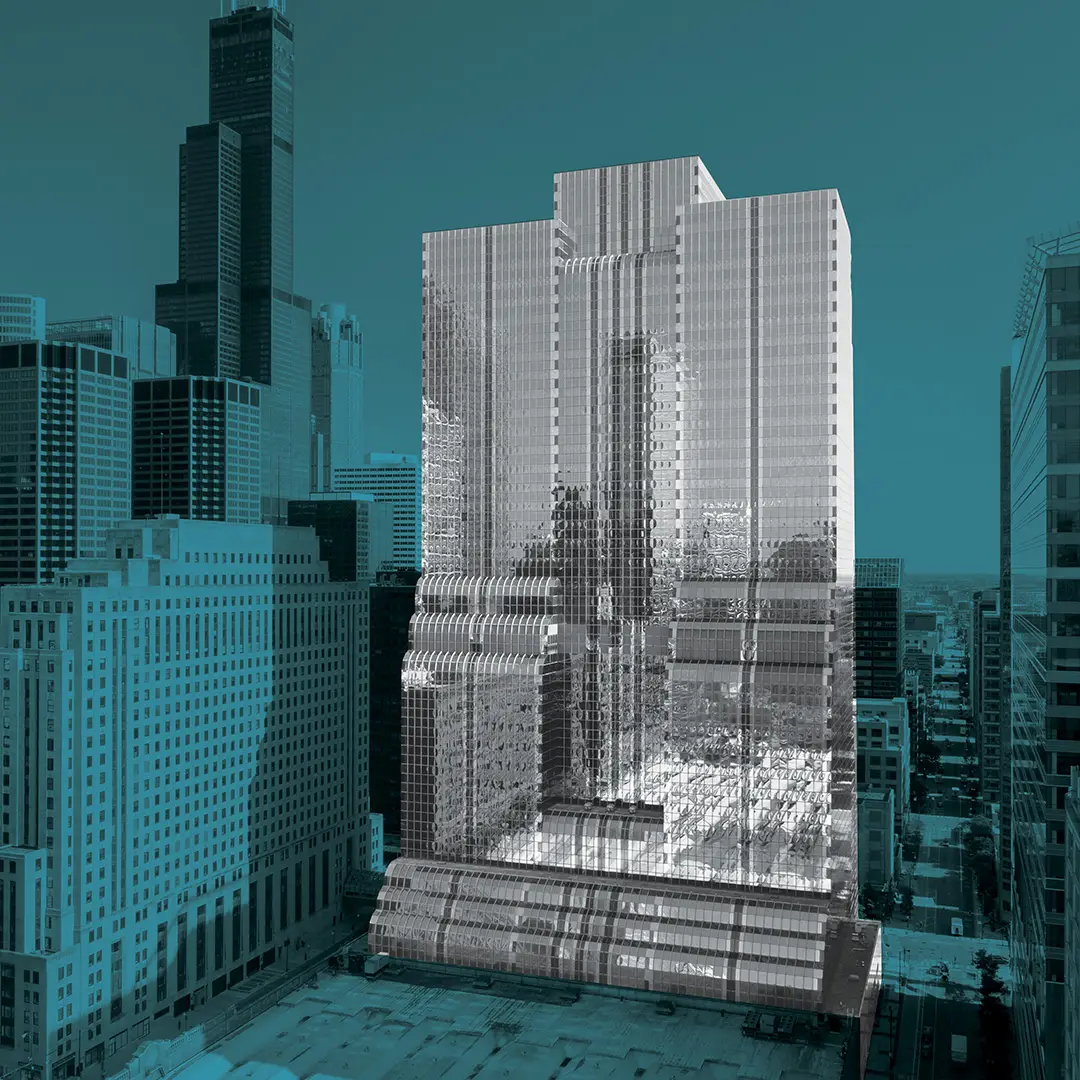High-rise building reflects cityscape; surrounded by skyscrapers under teal sky.