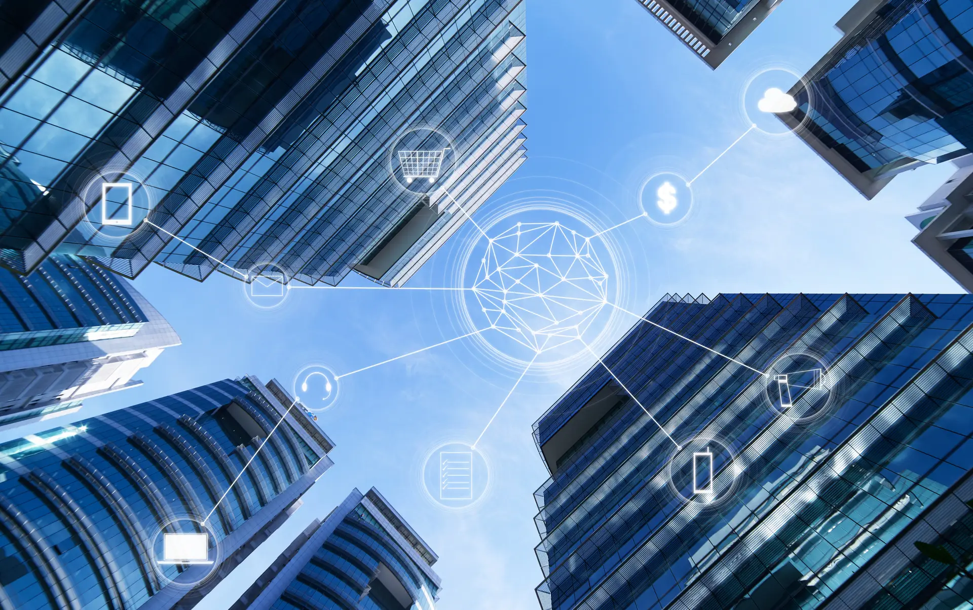 Skyscrapers rise around a network graphic overlay with icons symbolizing technology and connectivity.
