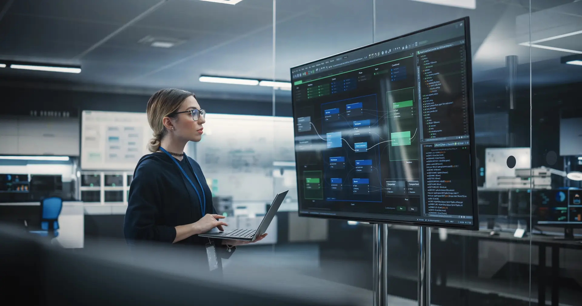 Person using a laptop while analyzing a flowchart on a screen in a tech office.