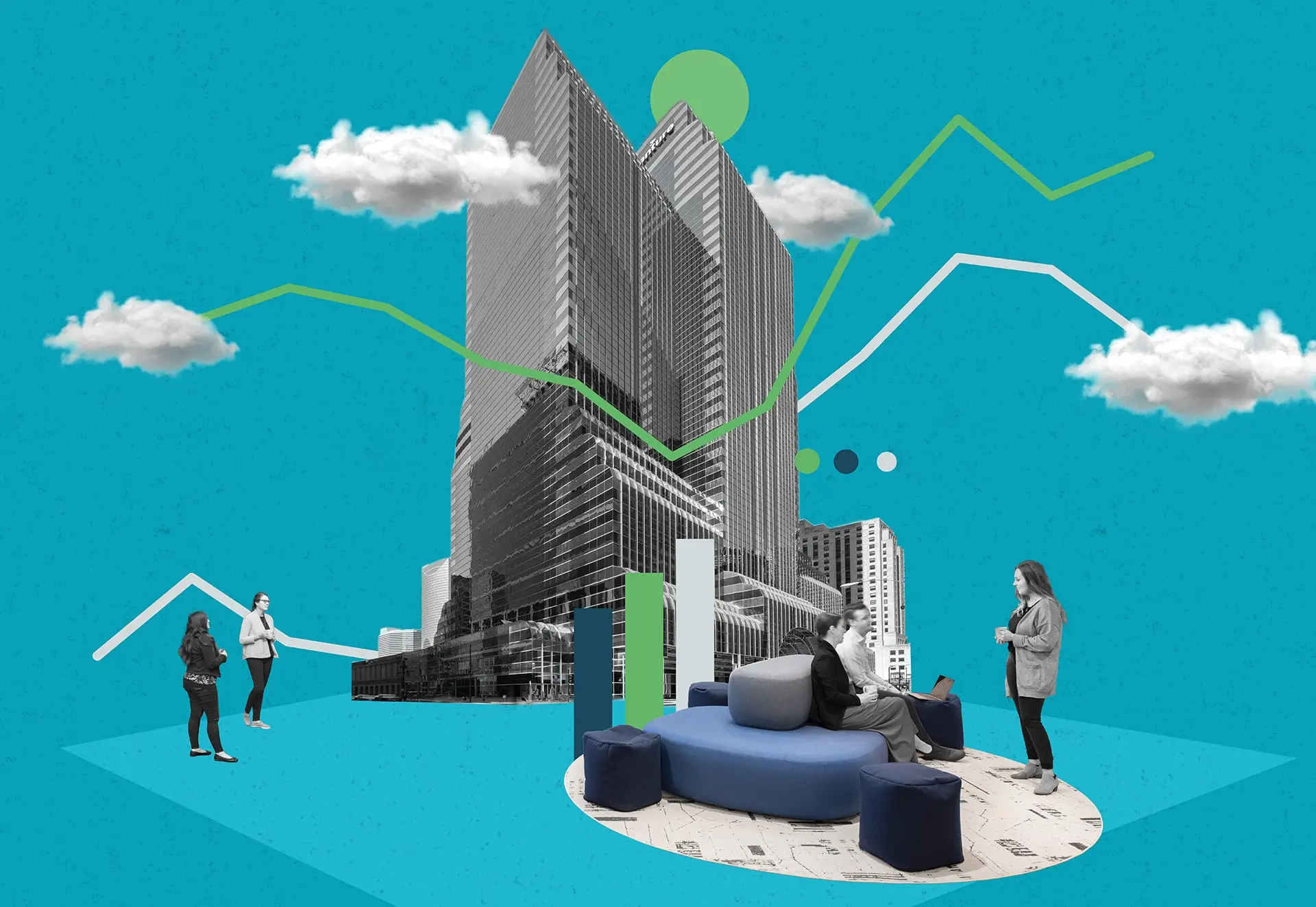 Collage of tall glass skyscrapers with line graphs, clouds, and people gathered in a blue urban lounge.