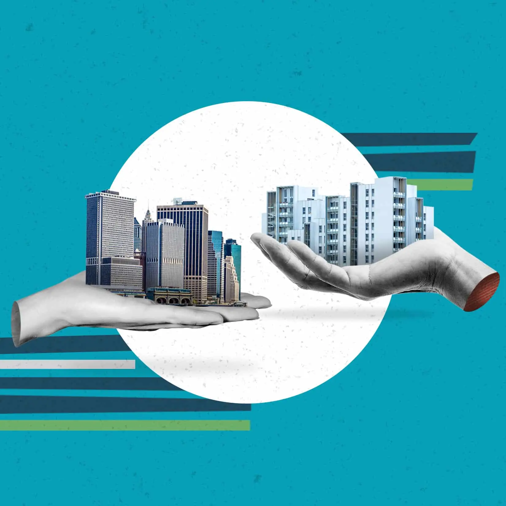 Two grayscale hands cradle a cluster of city skyscrapers against a teal background with a white circular backdrop.