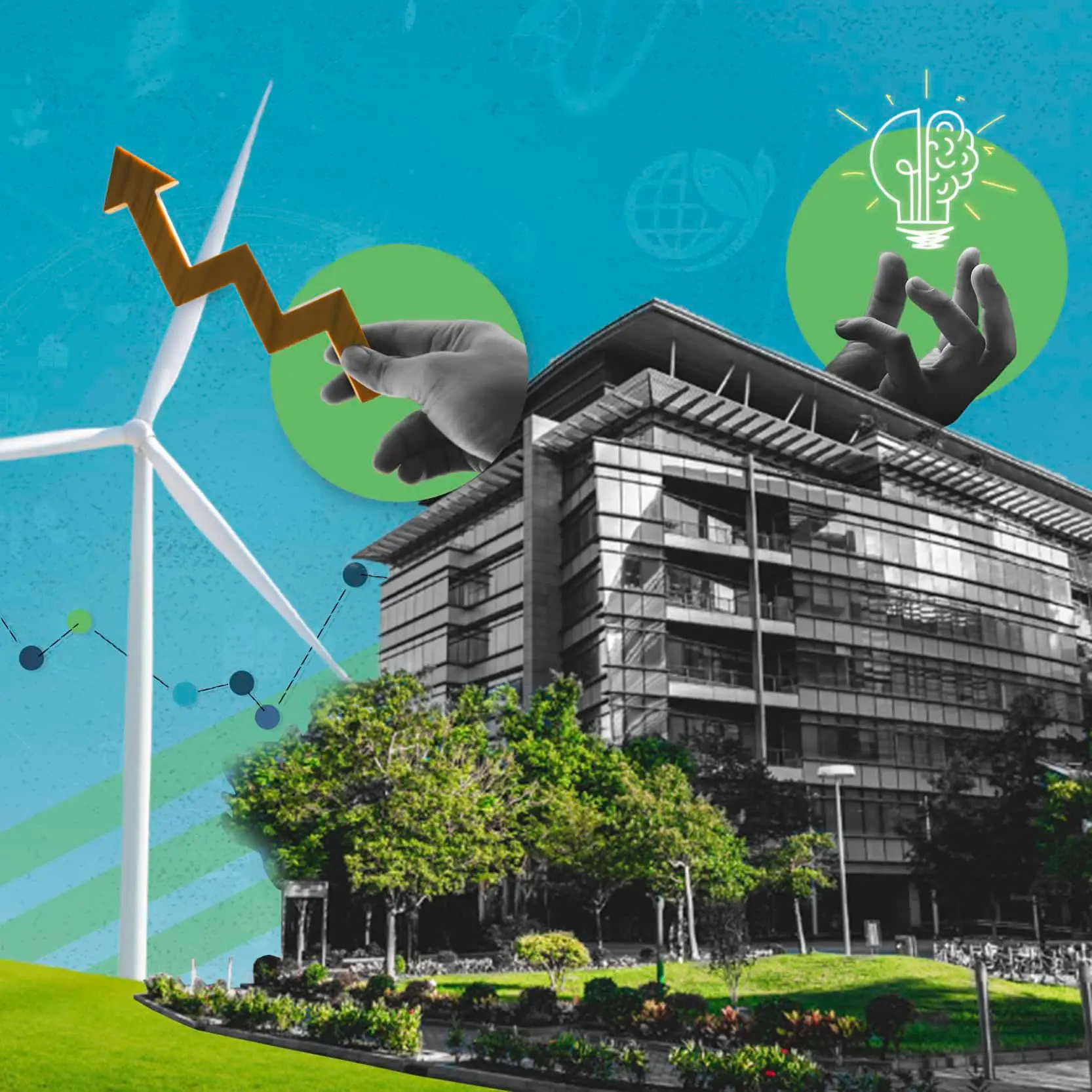 Wind turbine spins near modern building; hands hold arrow and lightbulb icons, suggesting innovation.
