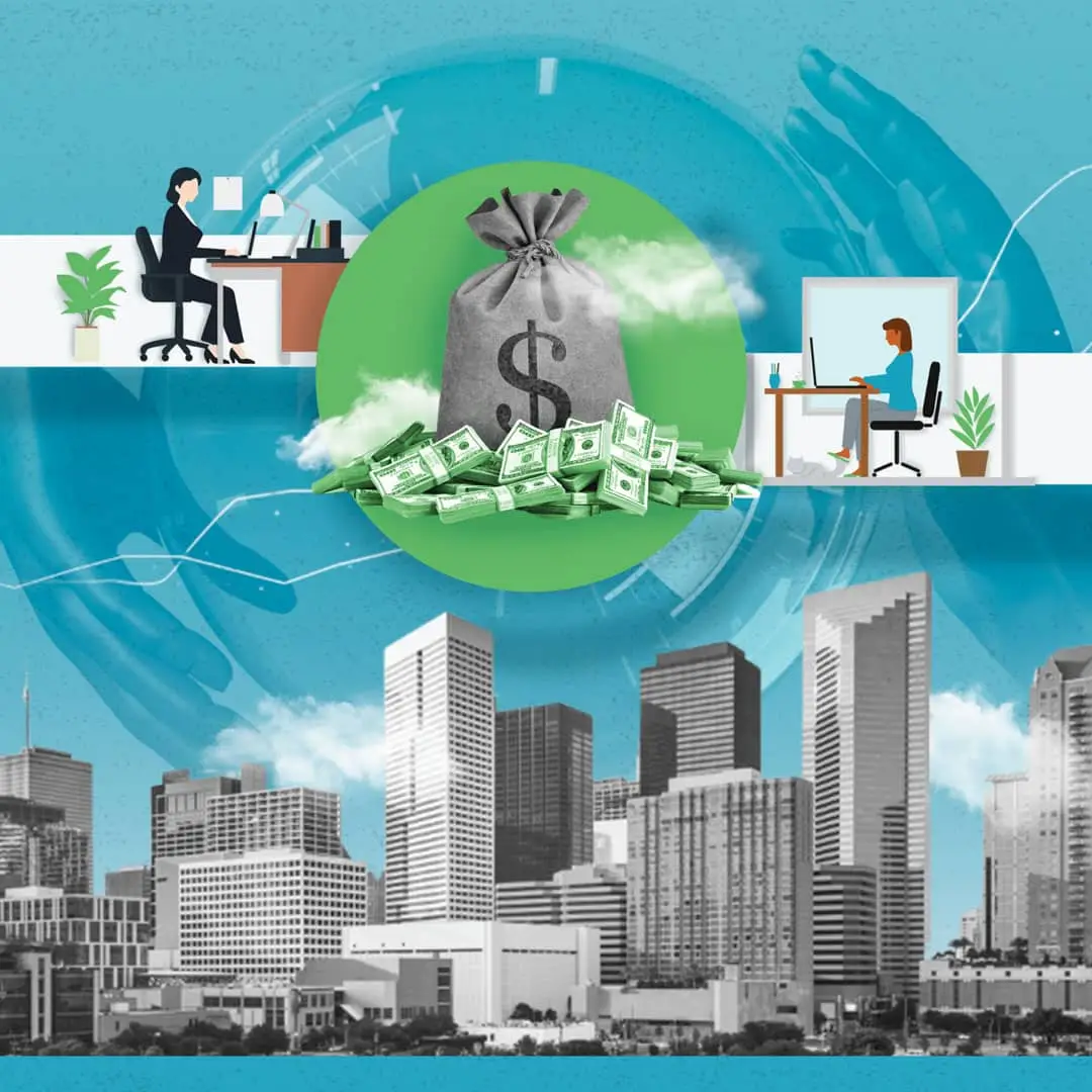 Illustration showing a money bag and cash above a city skyline with two office workers at desks.