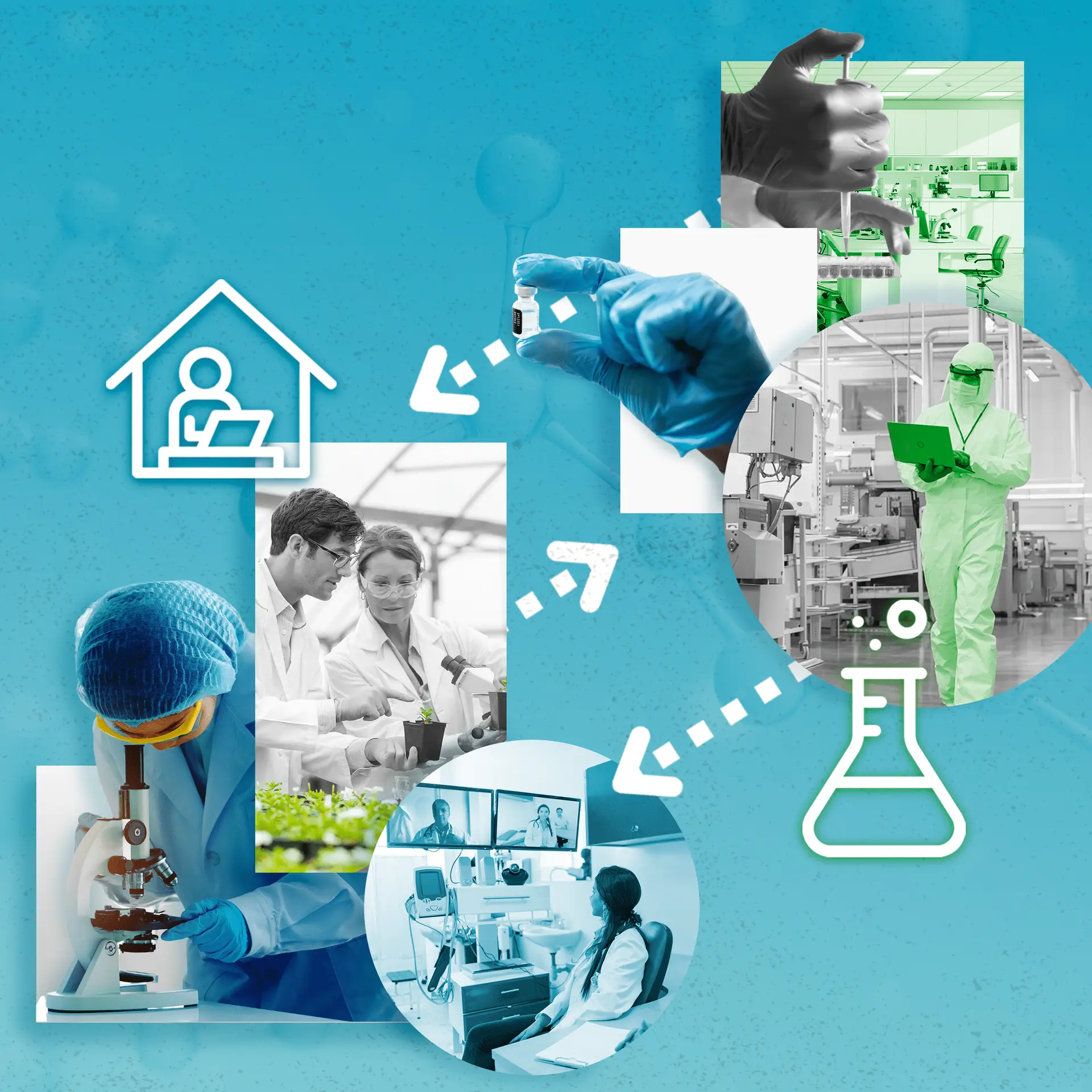 Collage of healthcare and laboratory scenes on a teal background, featuring scientists, PPE, a microscope, and lab icons.