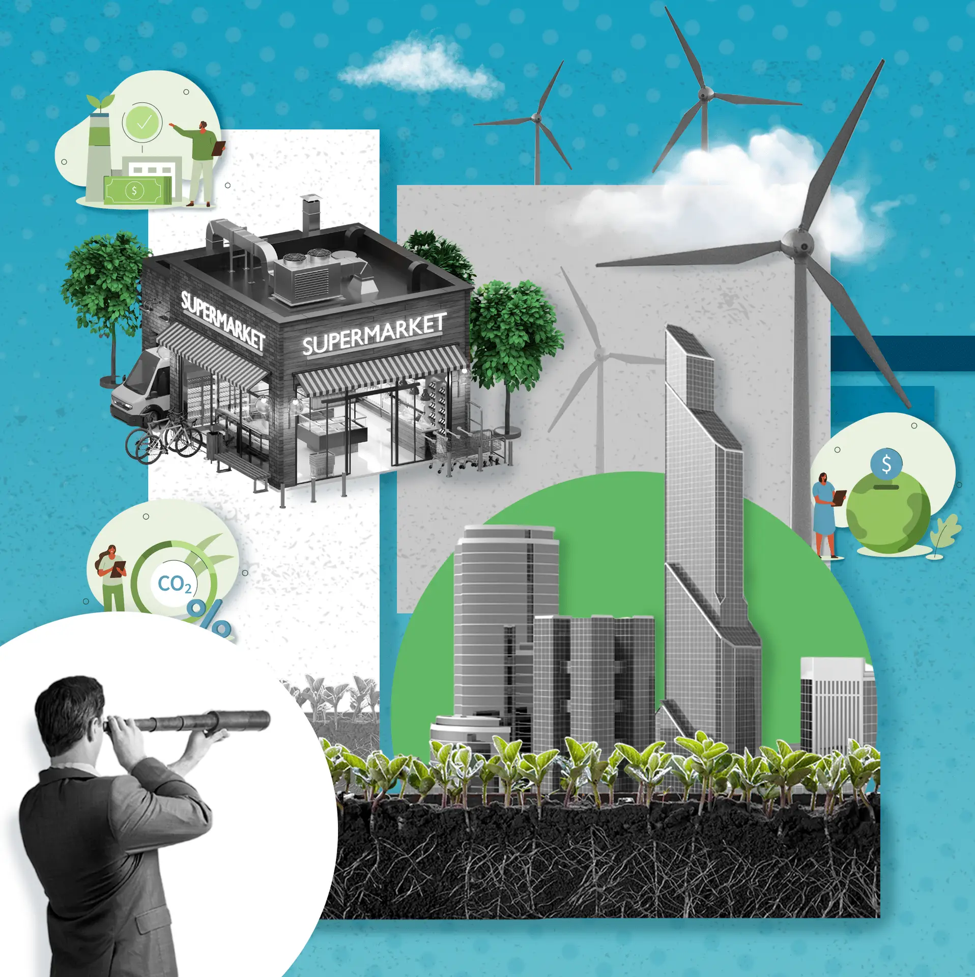 A collage showing a sustainable city: supermarket, wind turbines, green skyscrapers, trees, and people planning finance.