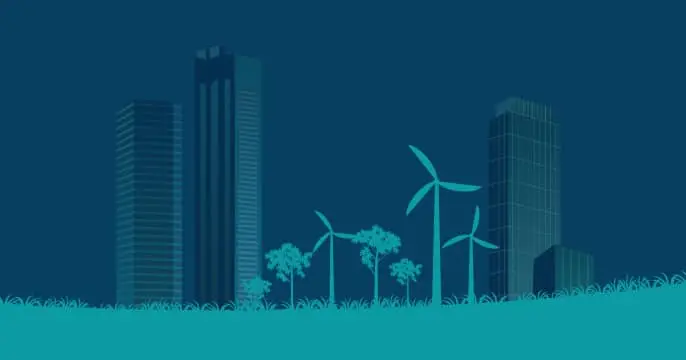 Stylized city skyline with wind turbines and trees on a grassy hill, highlighting sustainable energy.