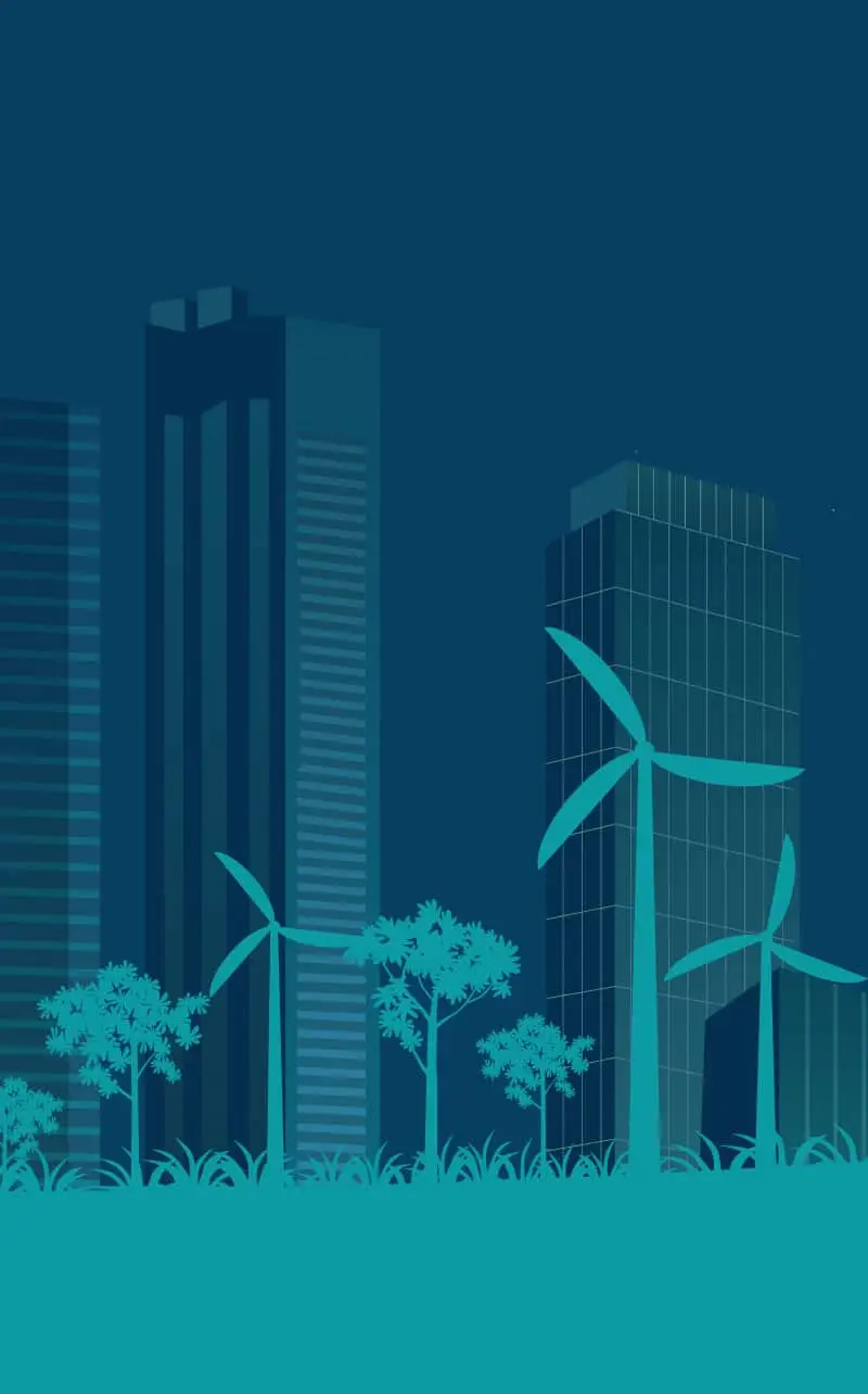 Teal-toned cityscape featuring wind turbines, trees, and grasses in a sustainable urban landscape.