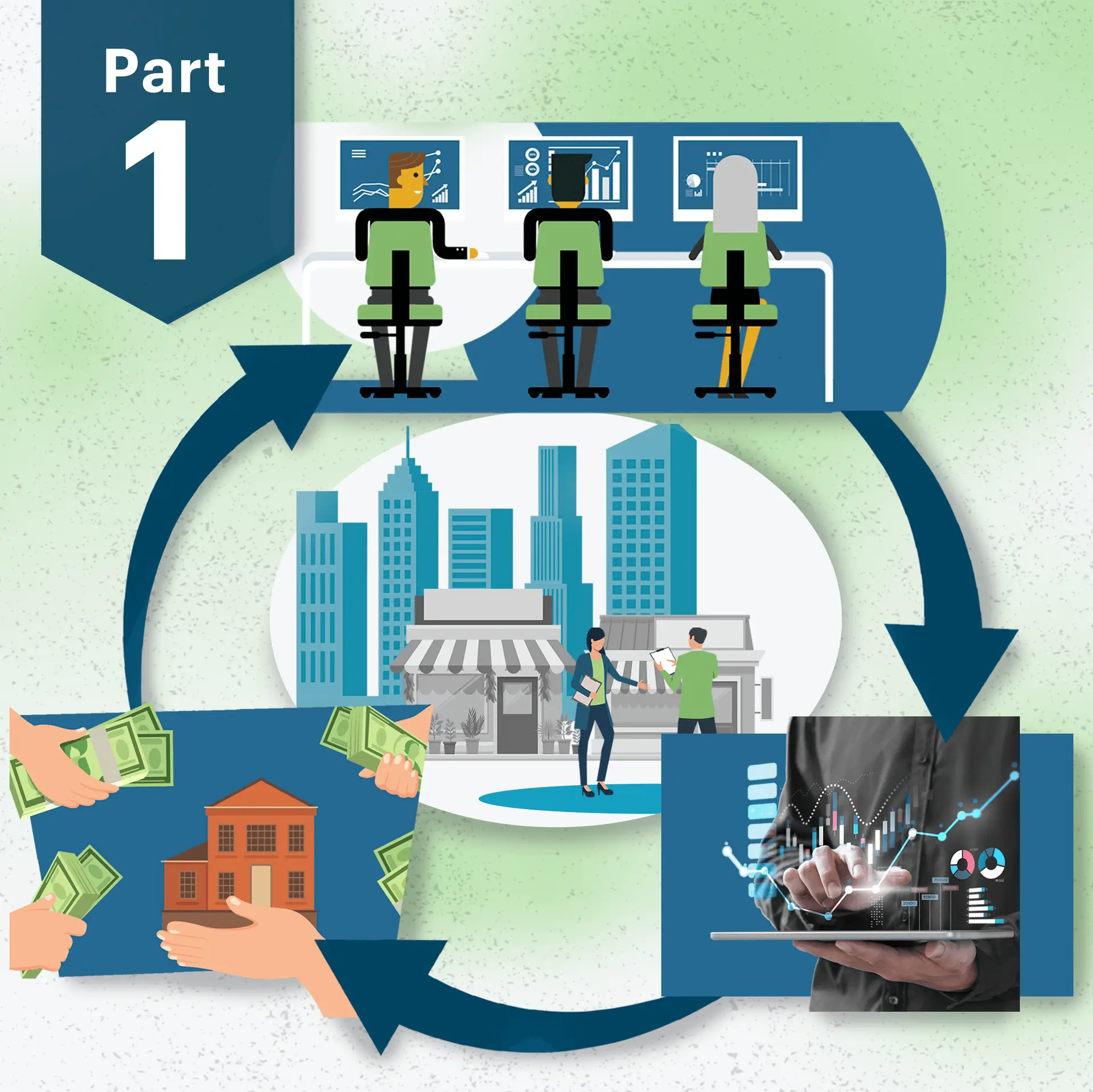Part 1 infographic: three people at monitor desks above a cityscape, with money exchange and data analytics in a circular flow.