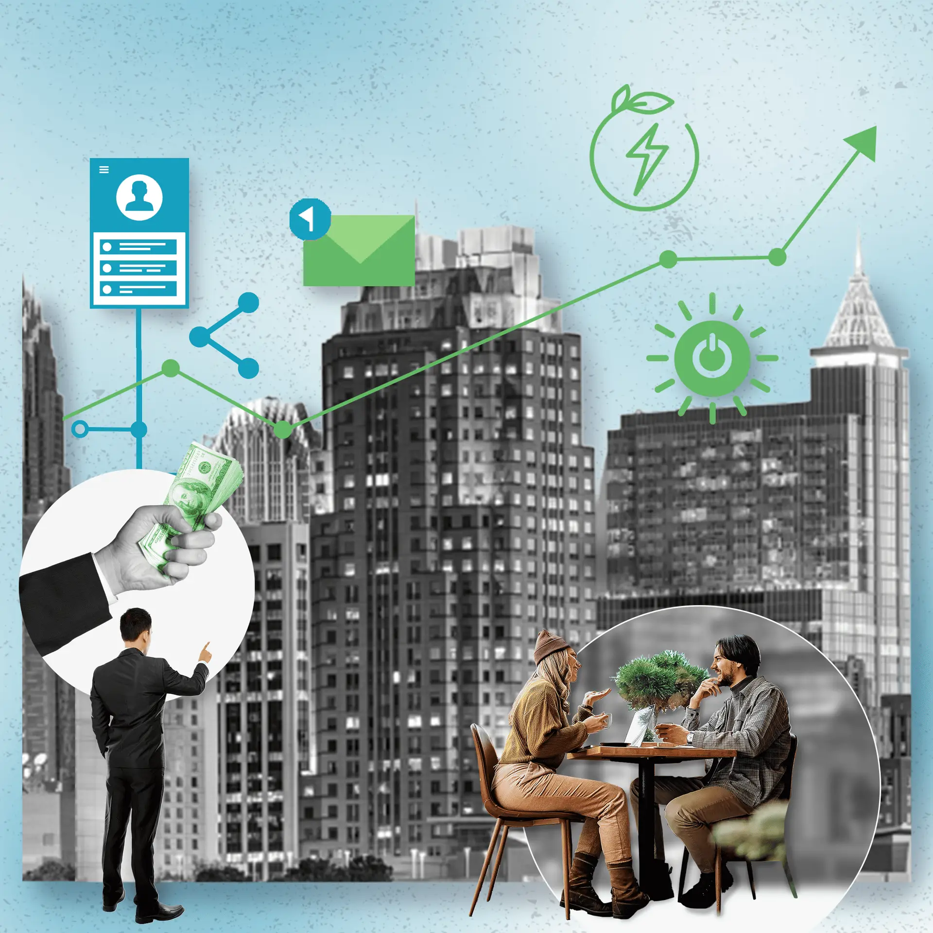 City skyline collage with business icons, a hand holding cash, and people at a table, symbolizing finance and sustainability