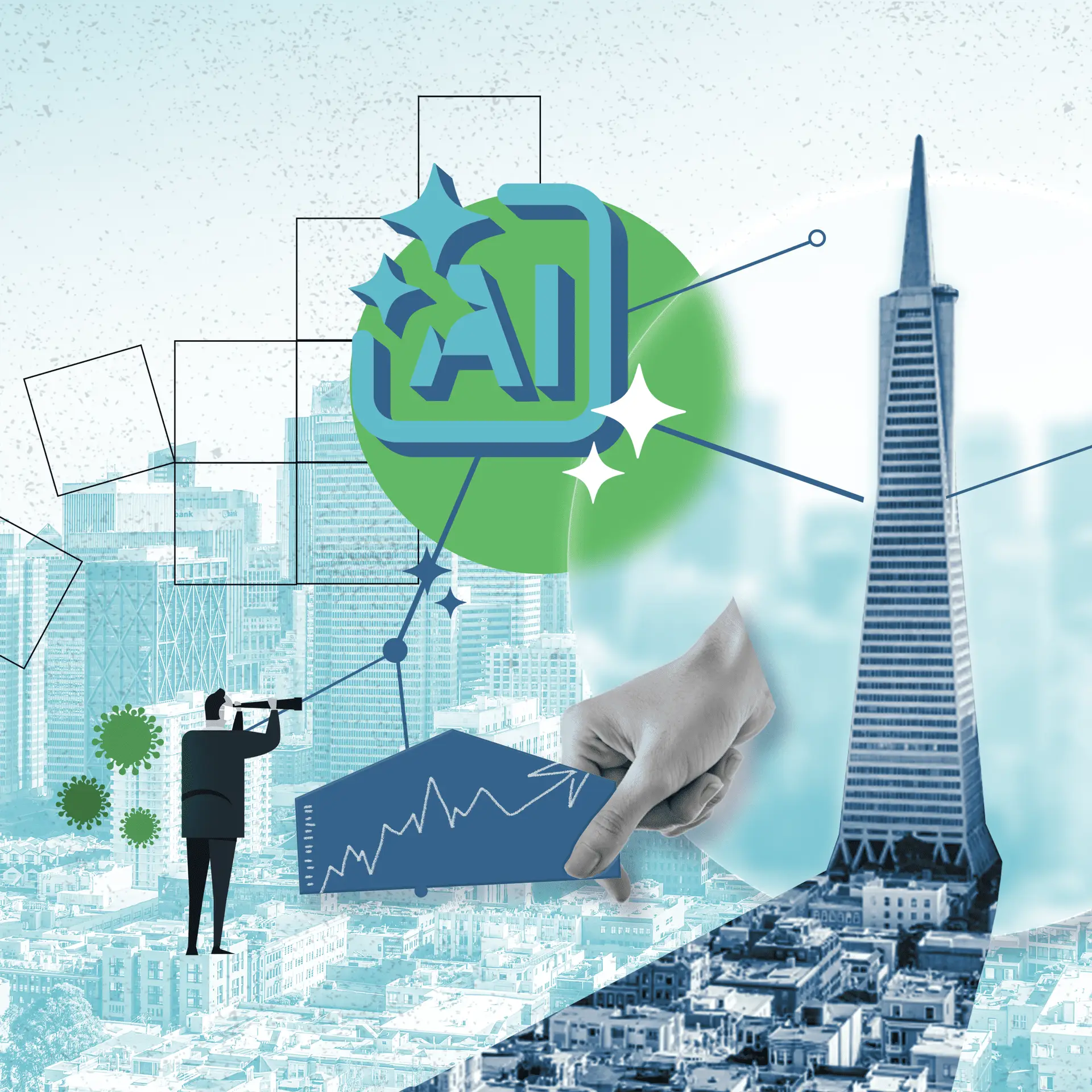 Collage of AI icon over a city skyline, a rising graph, and a researcher using a telescope to study data.