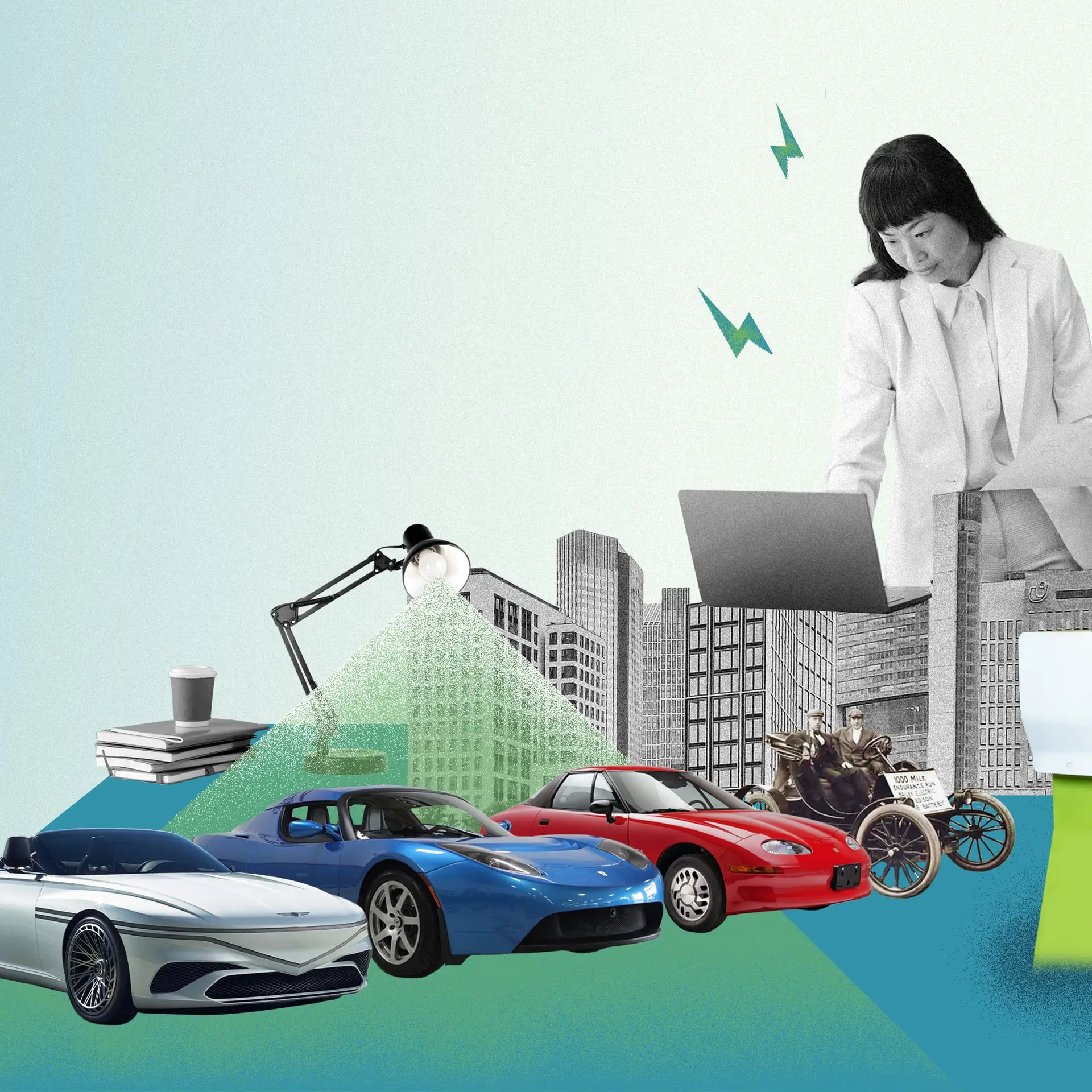 Collage of luxury cars before a grayscale city skyline with a businesswoman using a laptop on a pastel background.