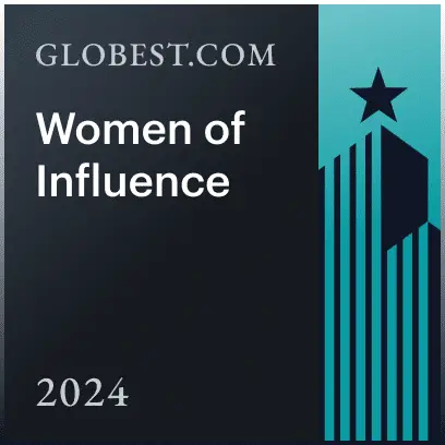 Globest.com cover featuring 'Women of Influence' 2024 with a dark left panel and teal skyline with a star motif.