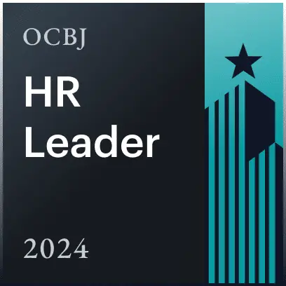 OCBJ HR Leader 2024 award badge with dark gradient panel and teal skyline ribbon