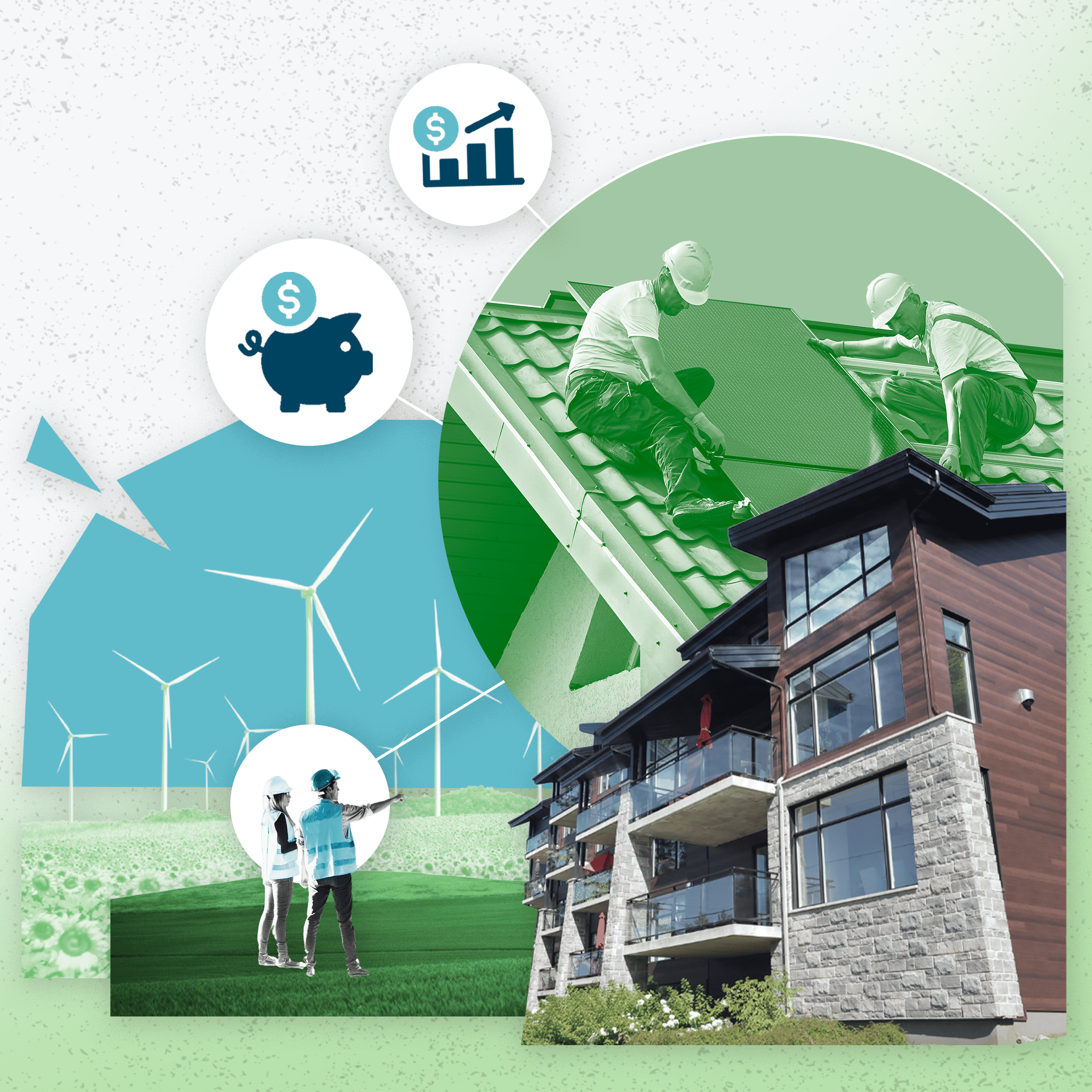 Collage of a modern house with wind turbines, roof workers, and finance icons for sustainable housing.