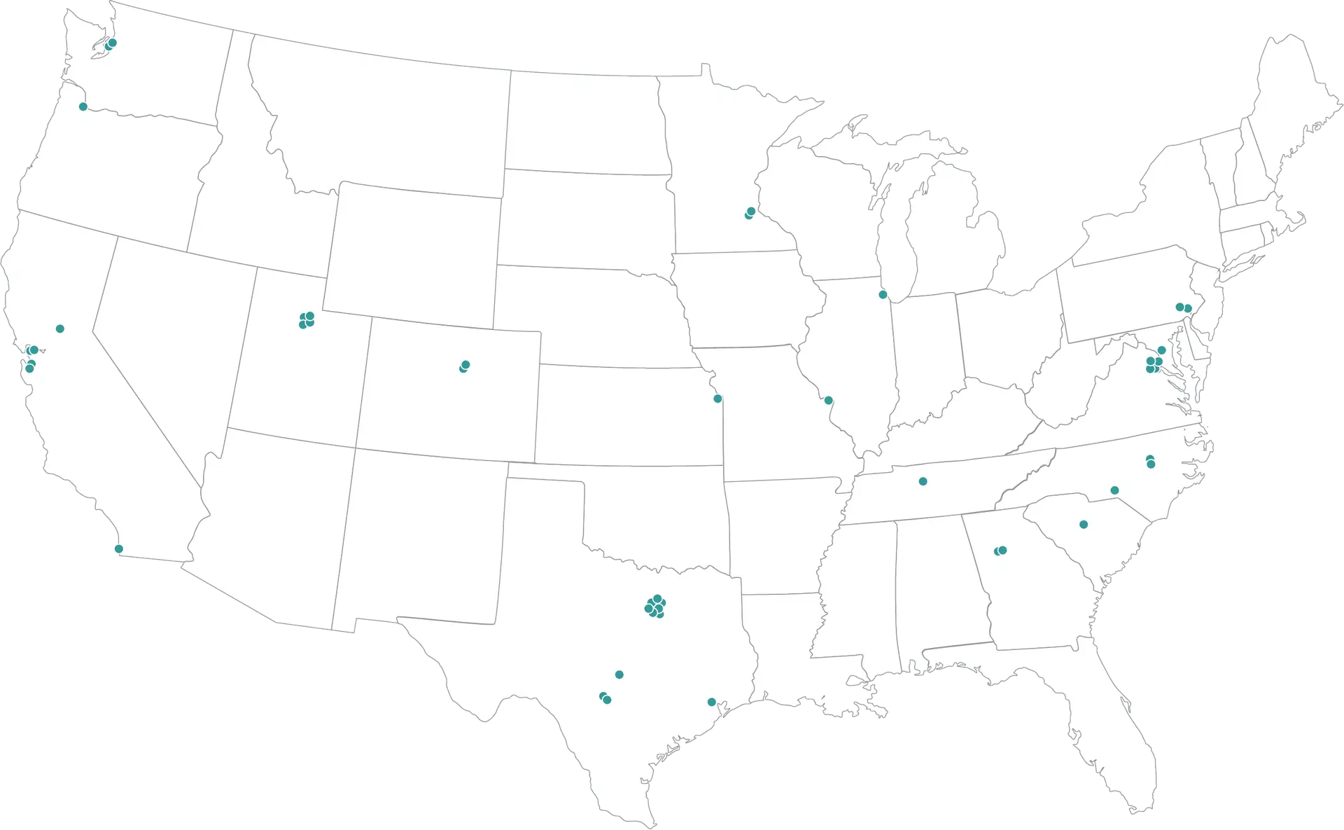 Map of the United States with teal markers indicating locations across the country.