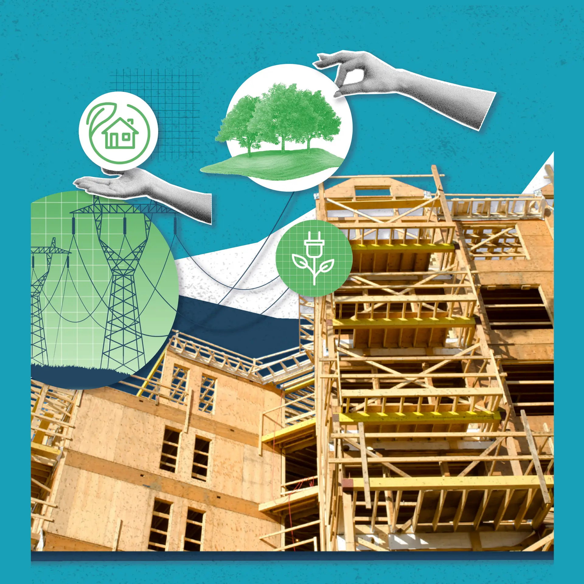 Wooden building under construction, connected to renewable energy sources and sustainable living icons.