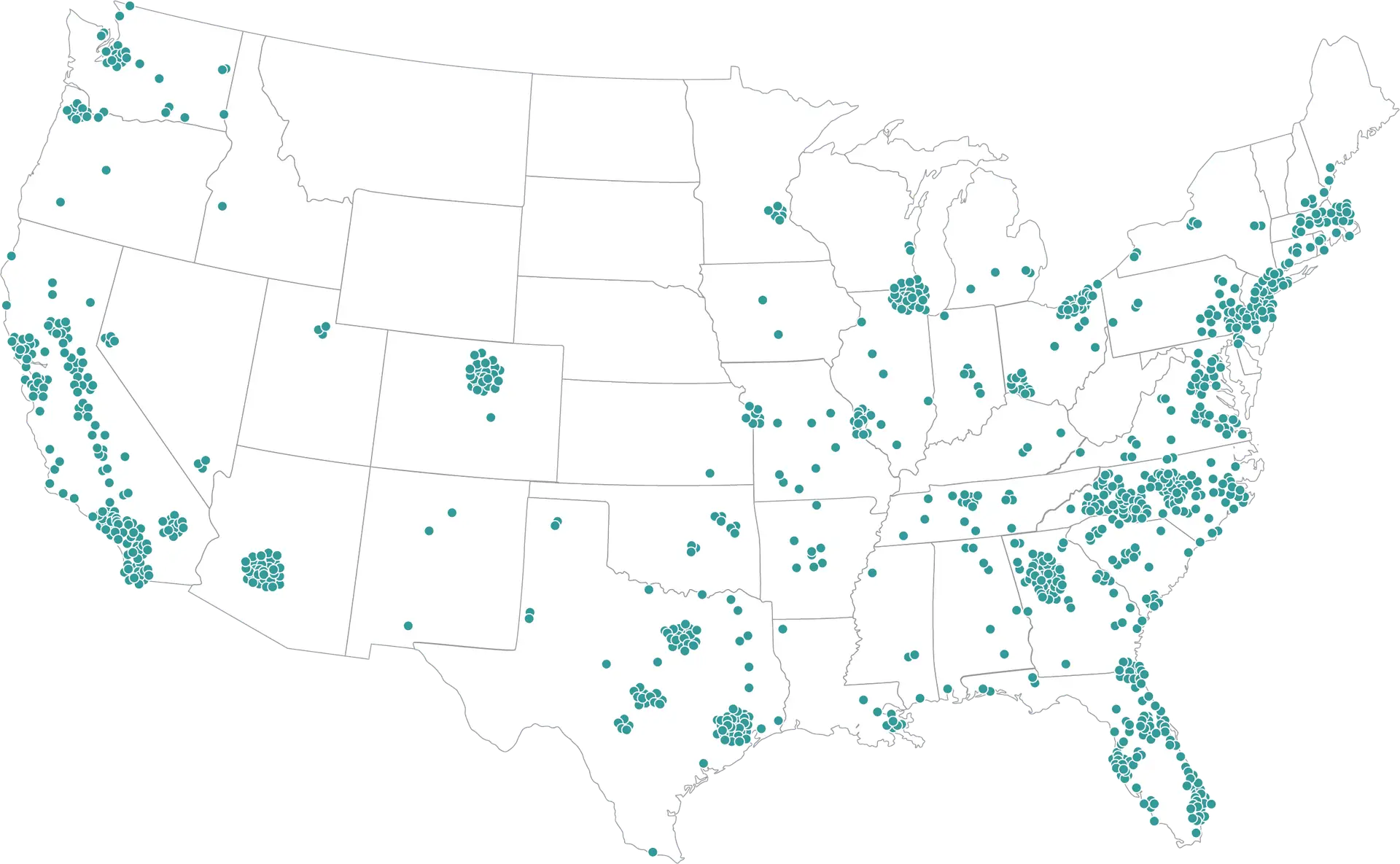 United States map showing teal data points scattered across states.