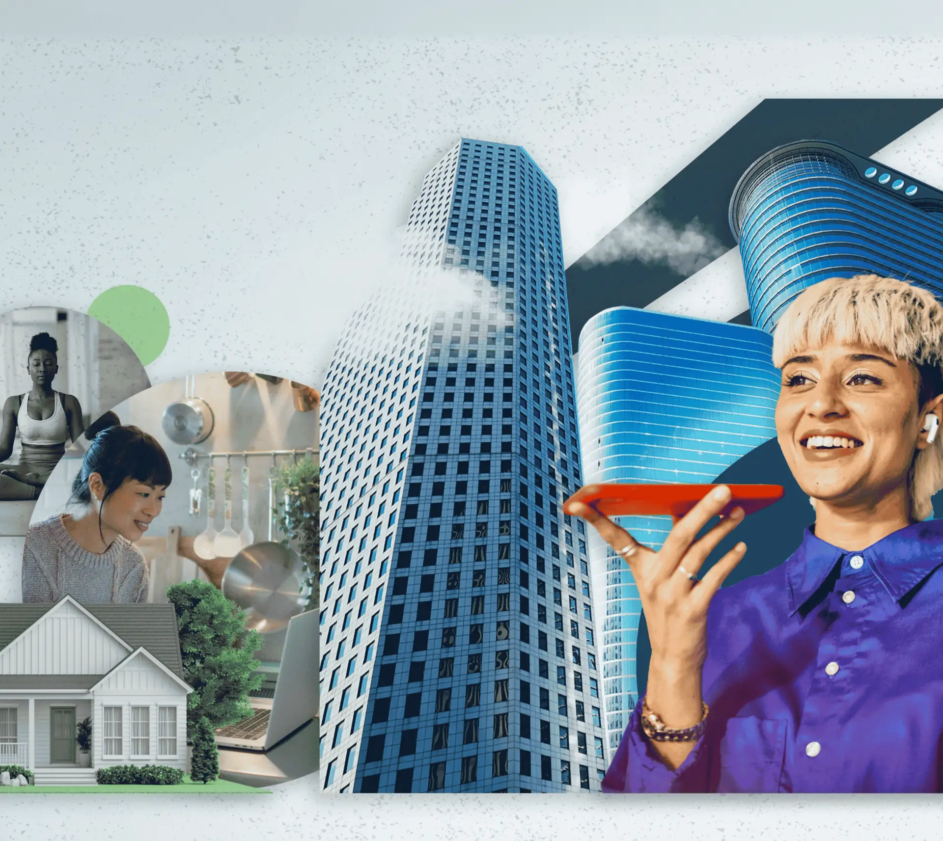 Woman uses phone, voice-activated, amid city skyscrapers and domestic scenes.