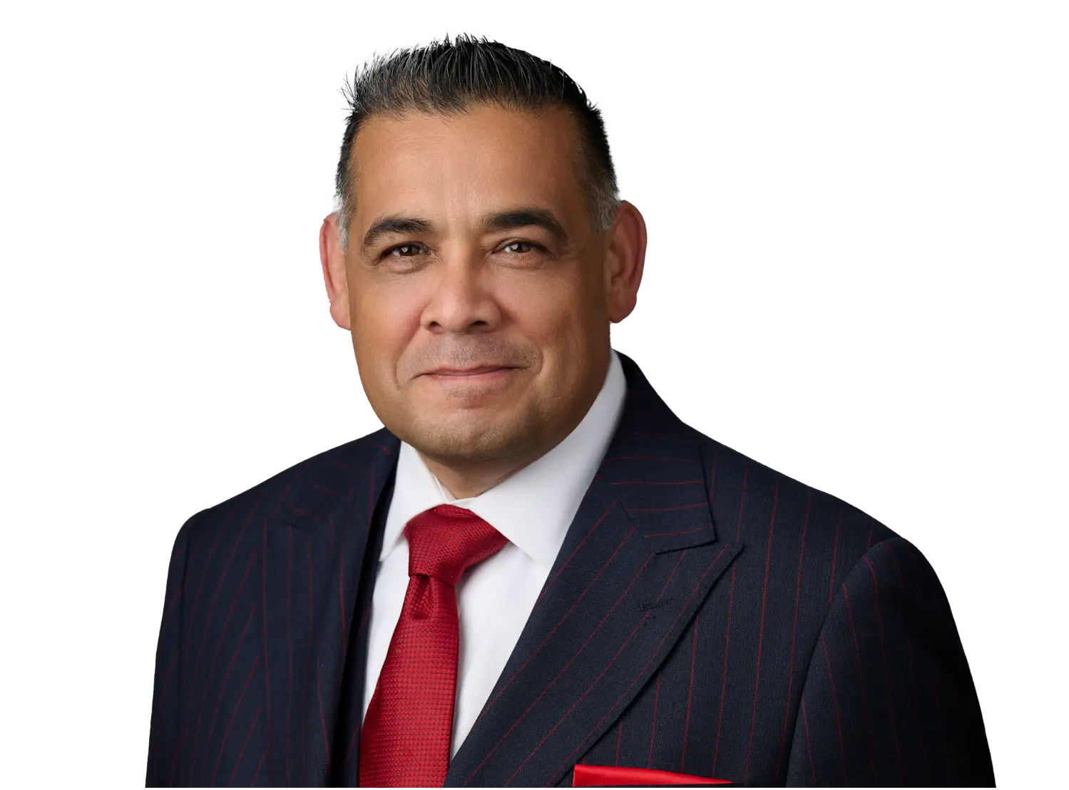 Professional portrait of a middle-aged man in a navy pinstripe suit and red tie against a black background.