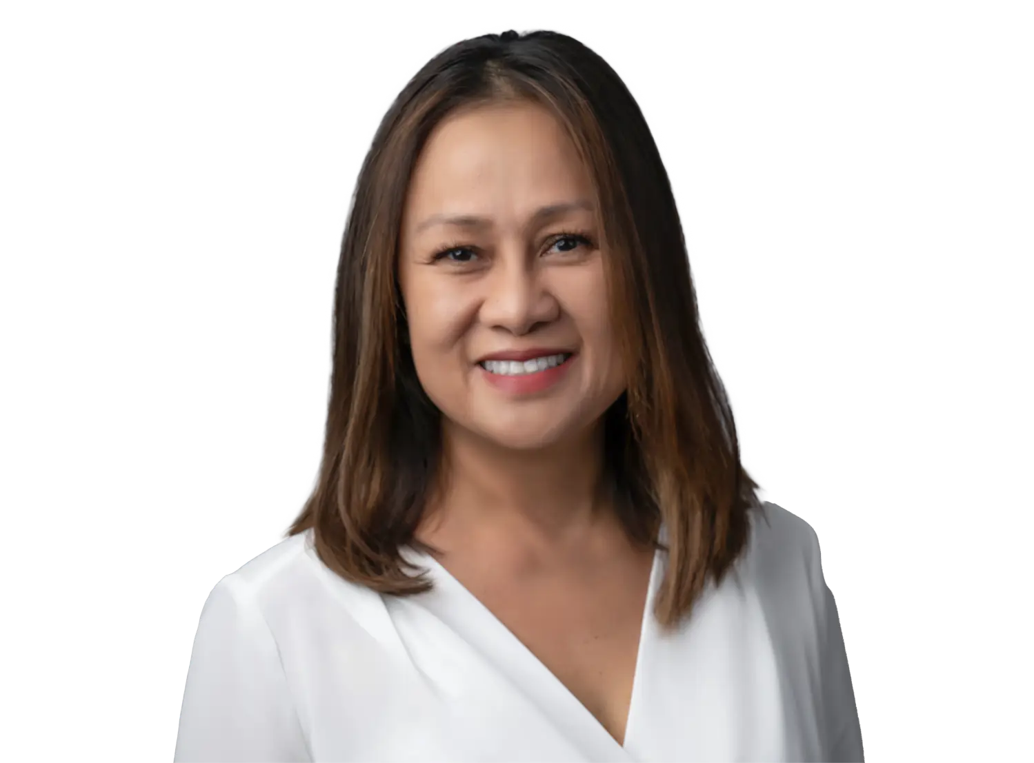 Smiling woman with shoulder-length brown hair wearing a white blouse against a black background.