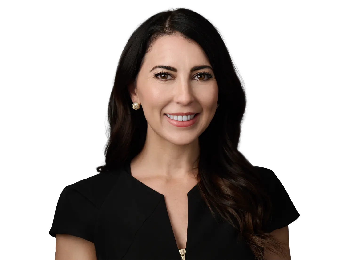 Smiling professional woman with dark hair, wearing a black blouse and gold earrings.