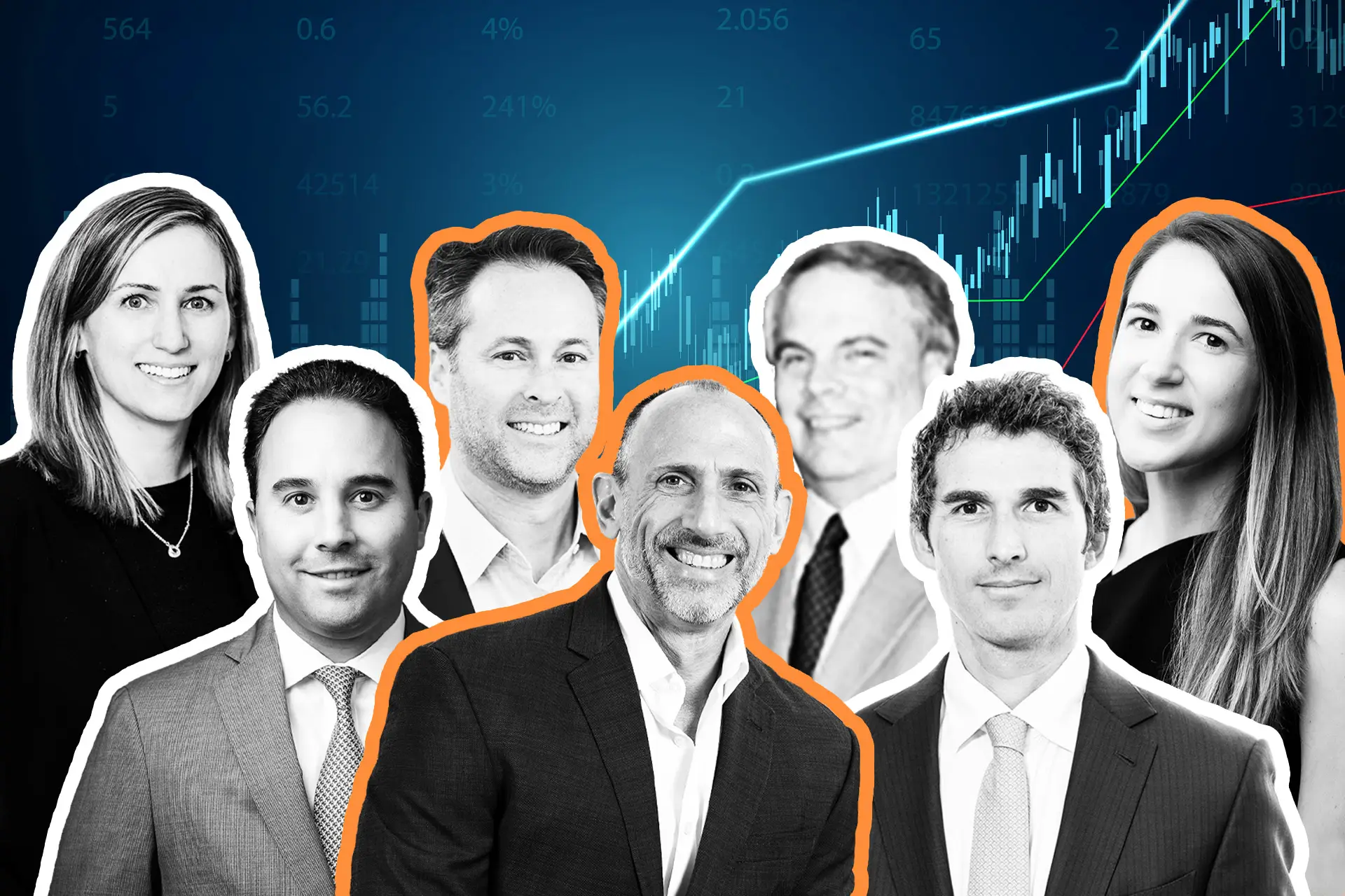 Collage of diverse businesspeople outlined in orange against a stock market chart background.