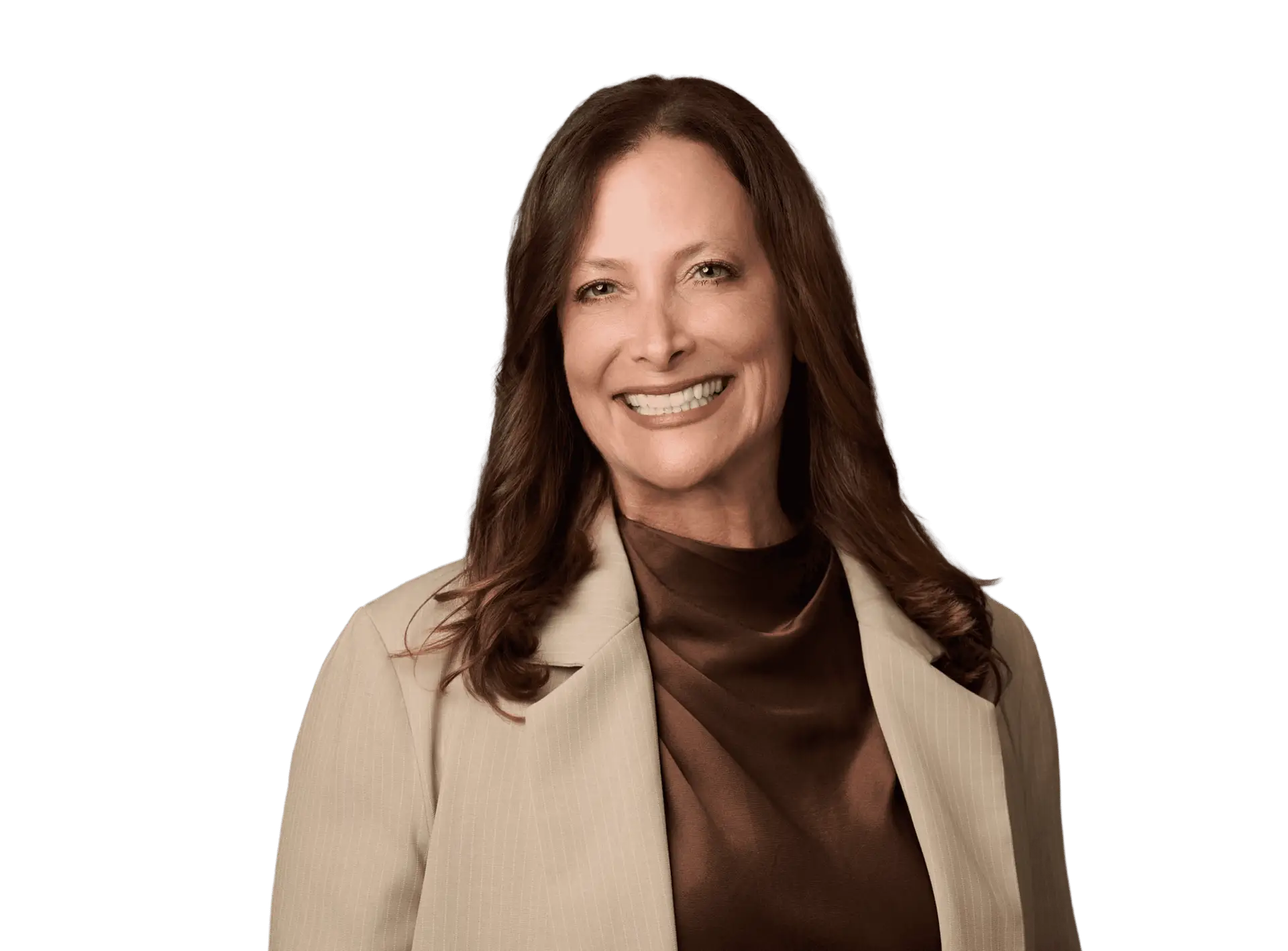 Smiling professional woman wearing a beige blazer and brown blouse against a black background.