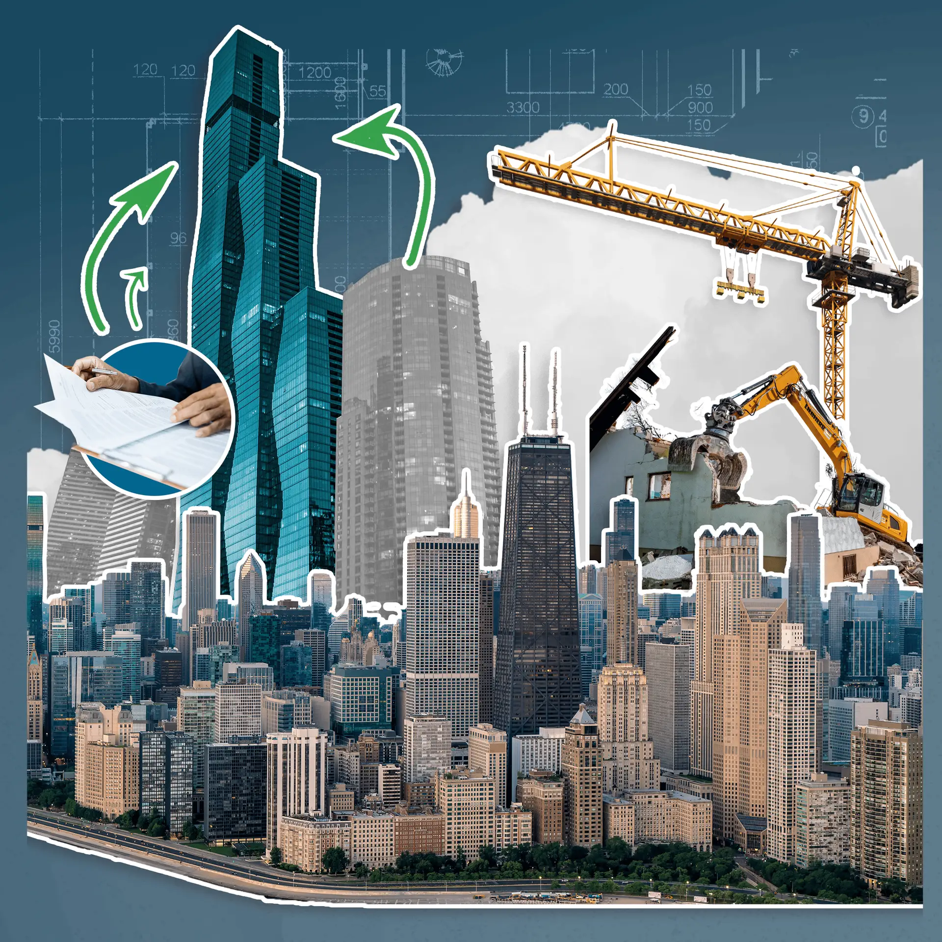 Collage of a city skyline under construction with a crane, excavator, and a hand signing documents.