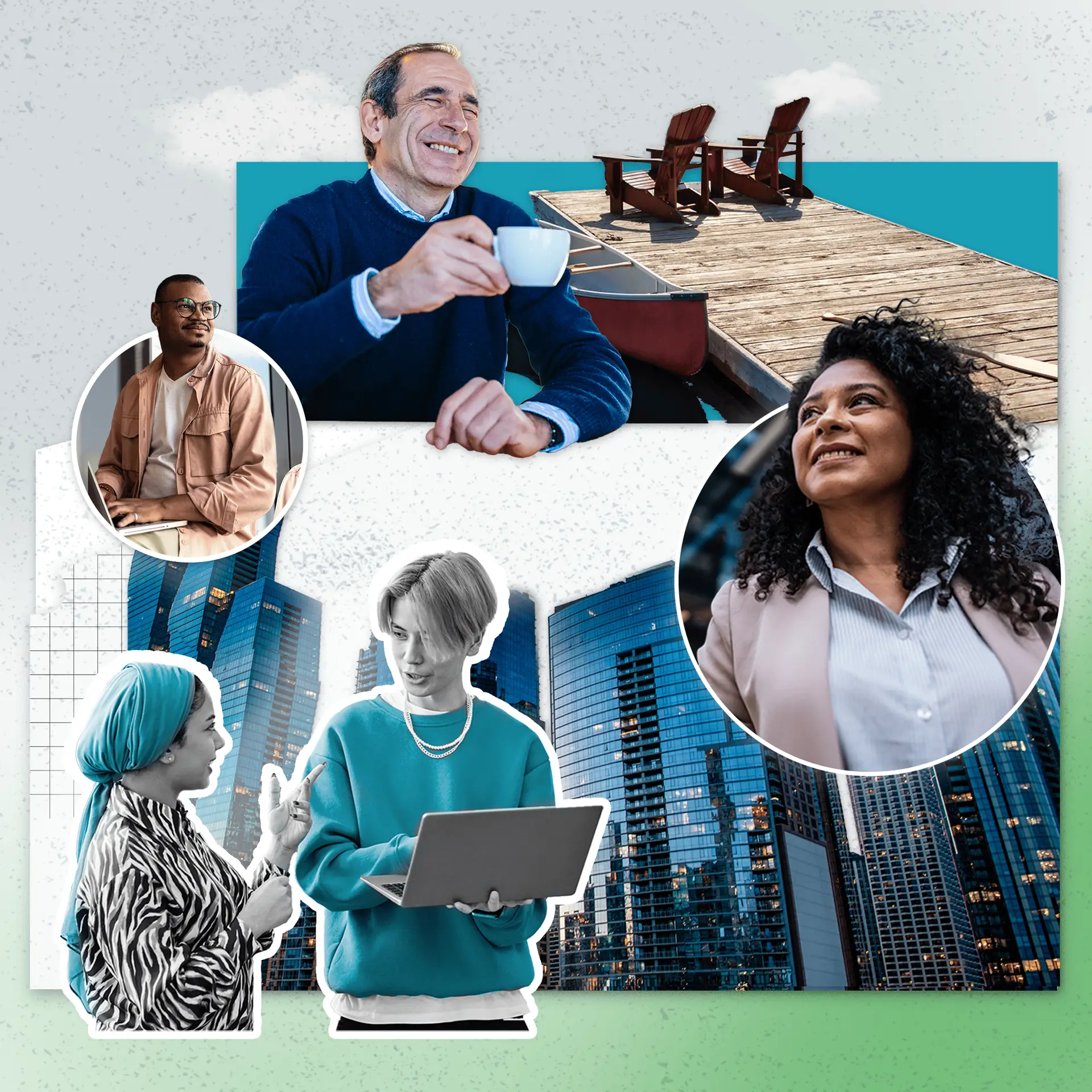 Collage of diverse professionals with a city skyline and a wooden dock, featuring people in conversation and on laptops.