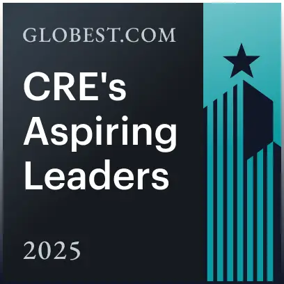 Globest.com CRE's Aspiring Leaders 2025 graphic with teal skyscraper motif and star.