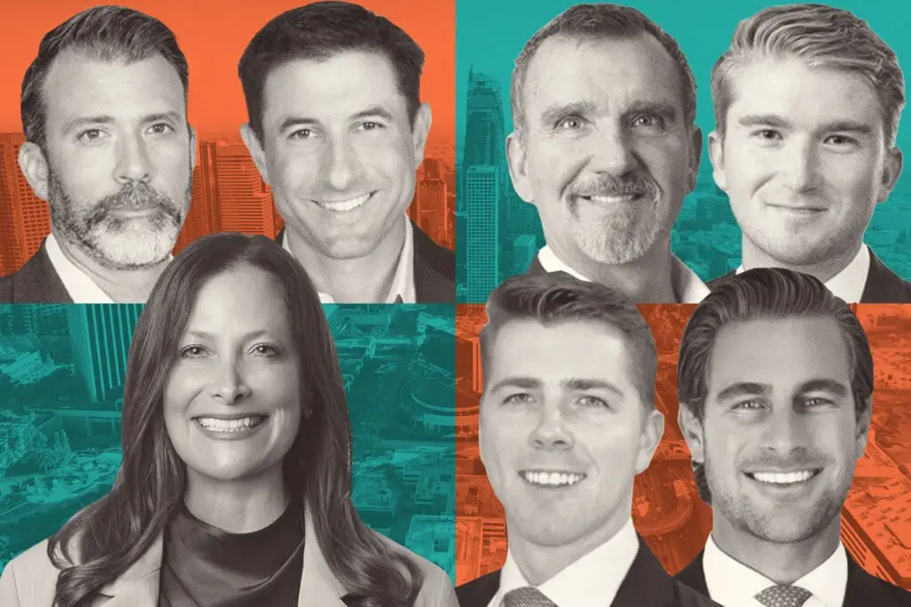Collage of six grayscale business professionals against orange and teal color blocks.