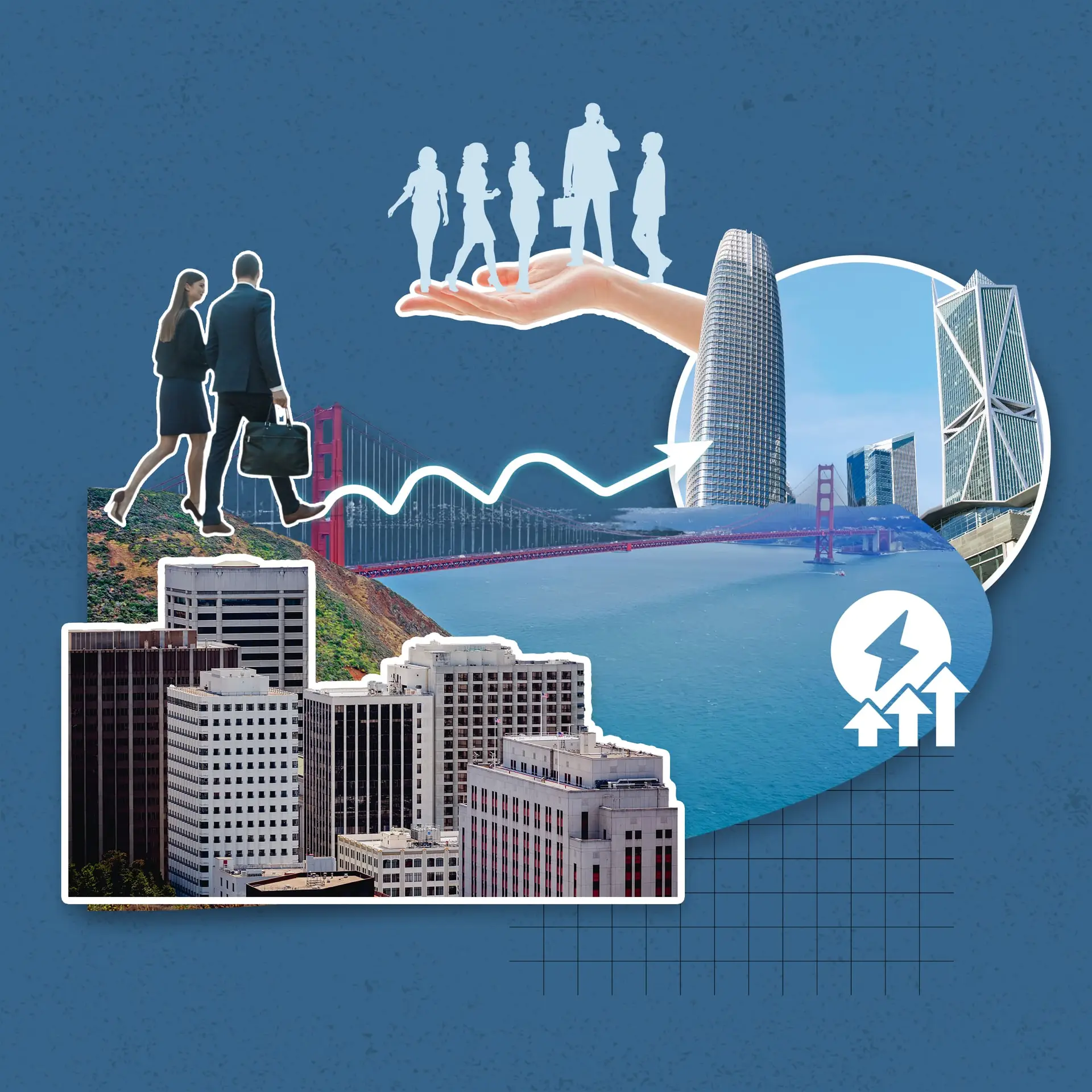 Collage of a hand lifting silhouettes of people over a city skyline with a bridge and tall buildings.
