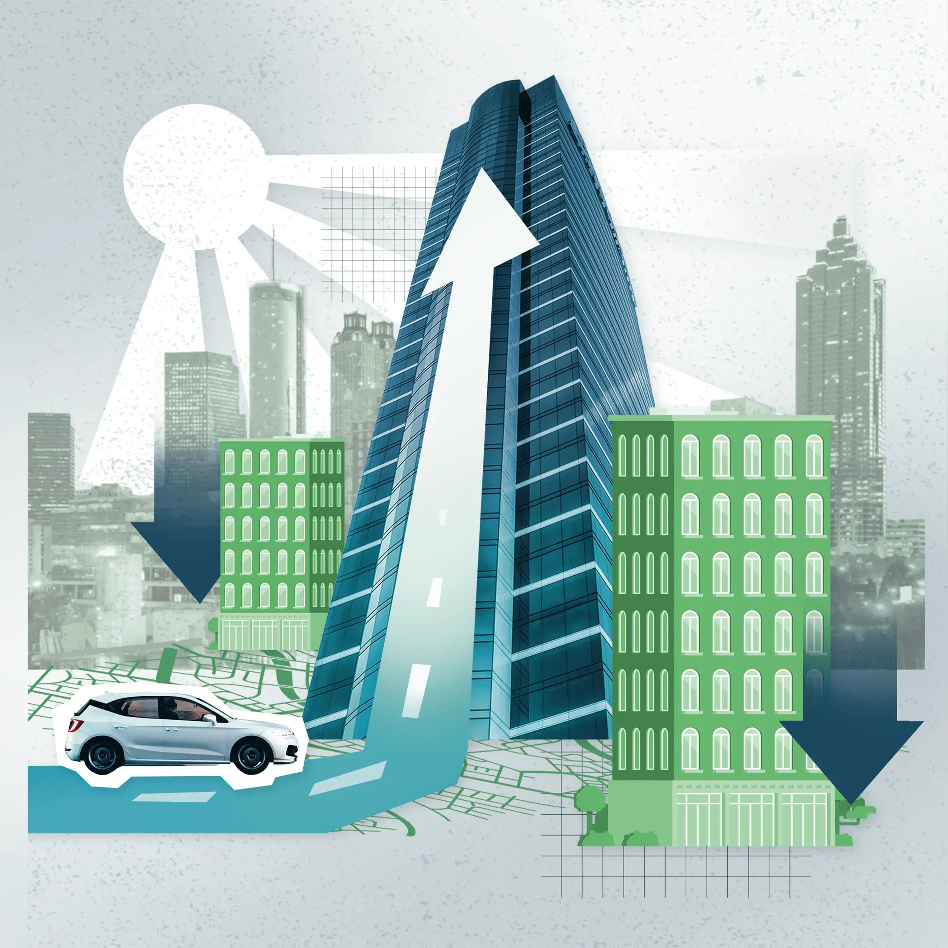 Stylized cityscape with a tall blue skyscraper, curved road, and green buildings with arrows indicating growth and movement.