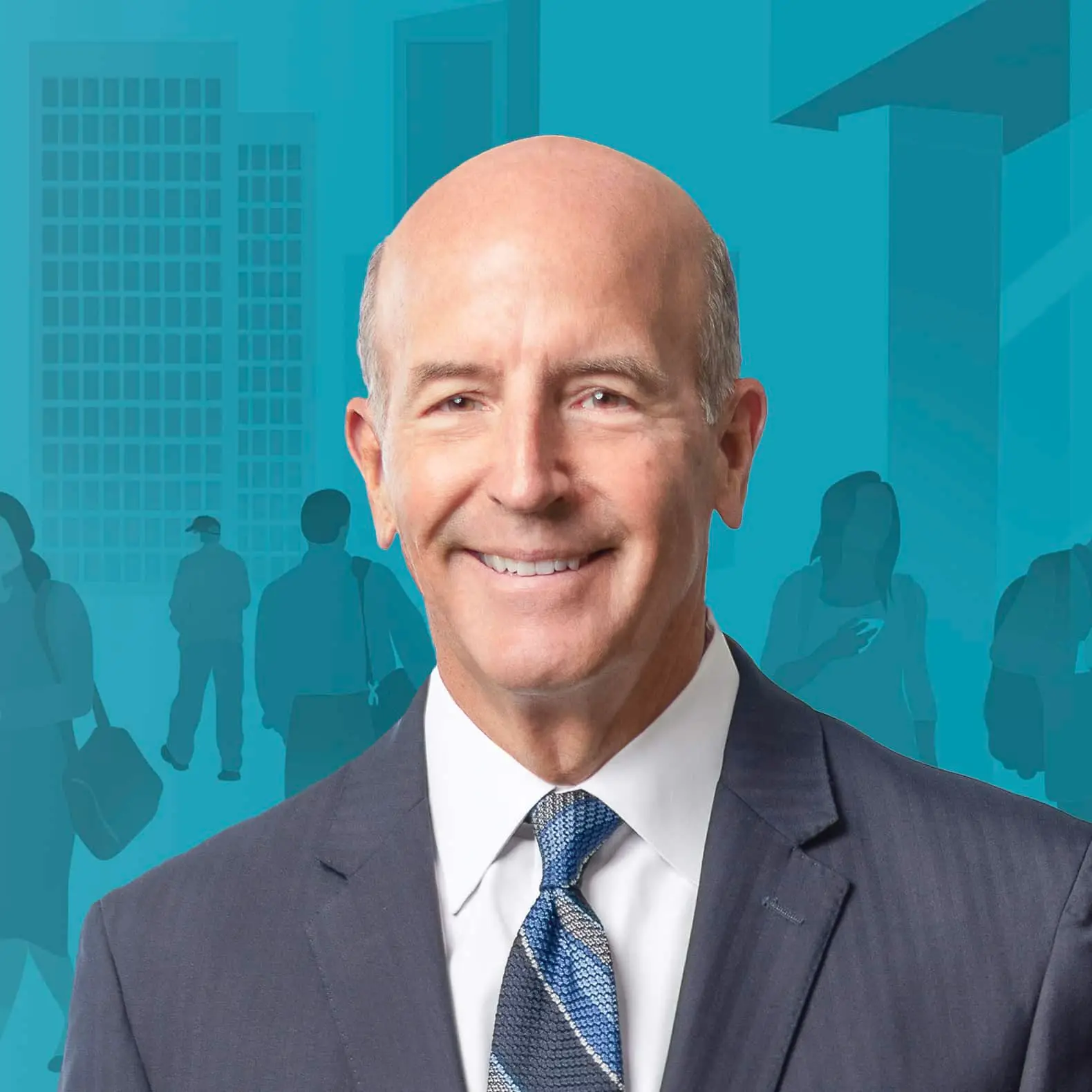 Man smiling, wearing a suit, against a cityscape with silhouettes of people and buildings.
