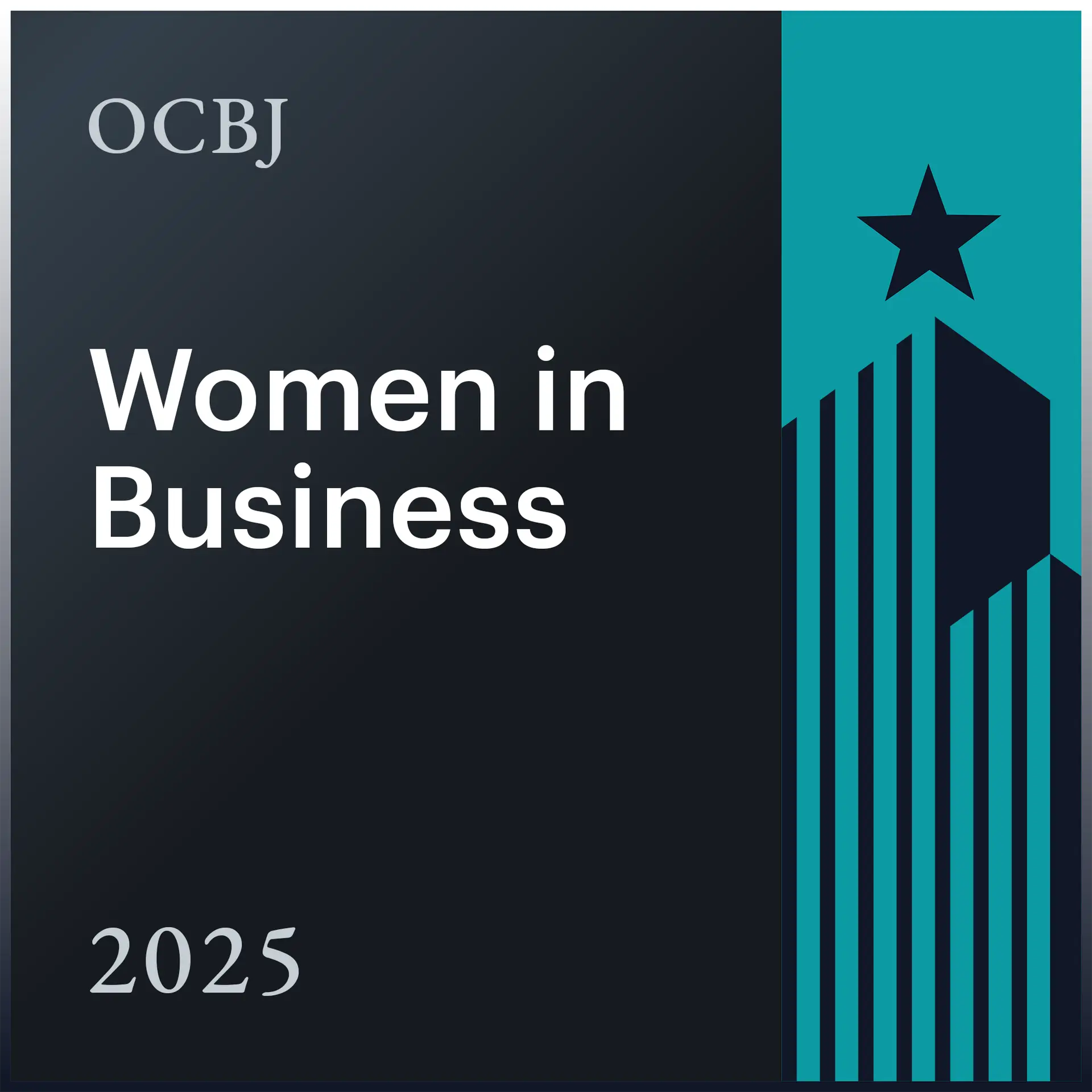 OCBJ Women in Business 2025 cover with dark gradient, teal panel, star and skyline.