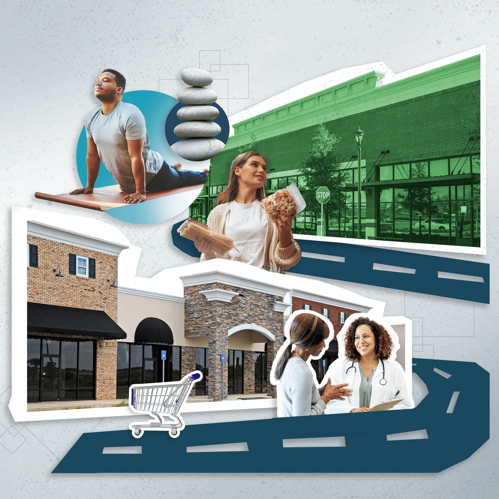 Collage of wellness and daily life: yoga pose with stones, groceries, storefronts, and a doctor with patient.