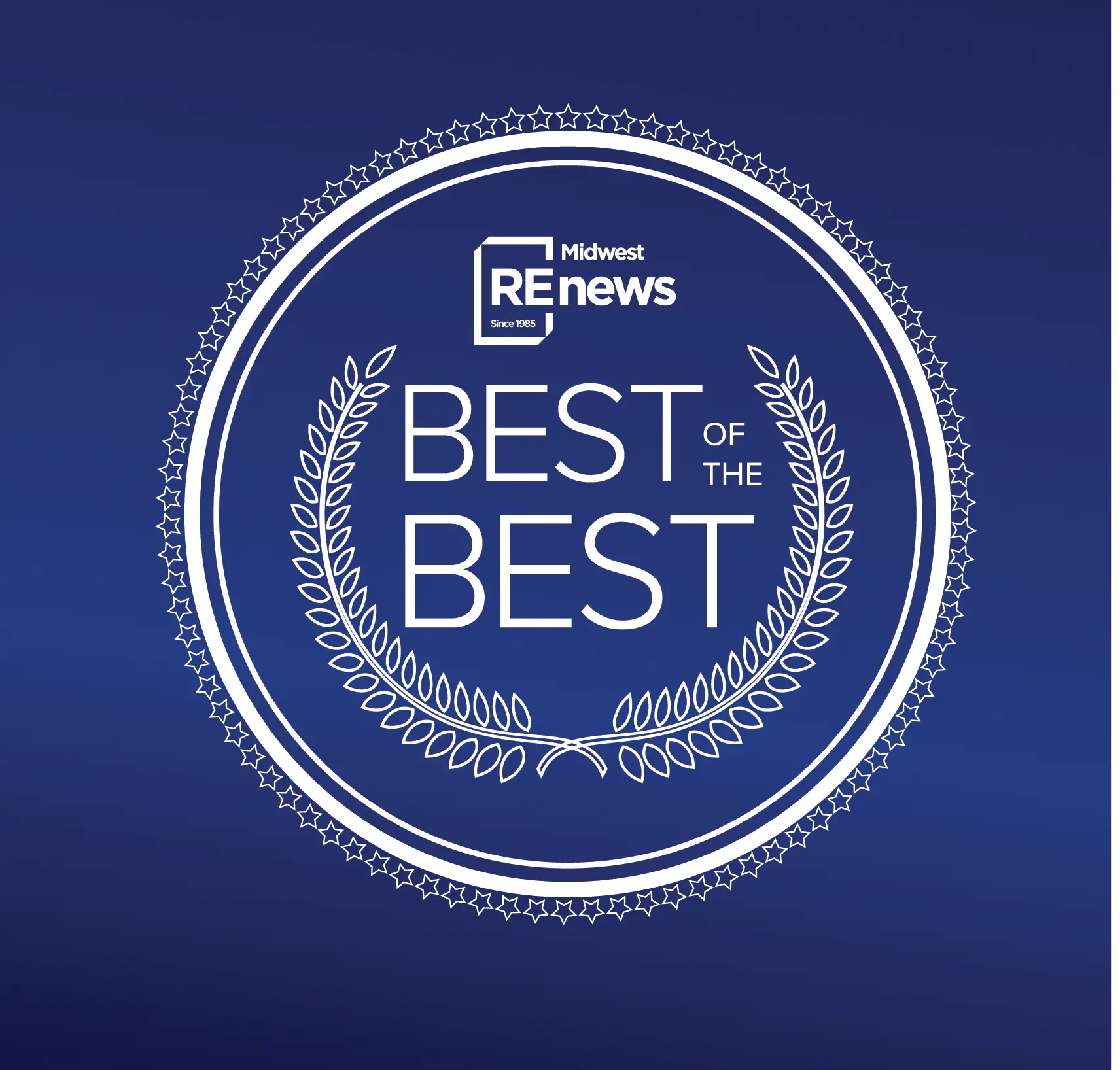 Award badge on a blue gradient background with laurel wreaths, star border, and Best of the Best text by Midwest REnews.